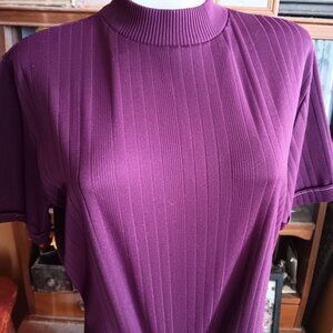 XL Vintage Purple Ribbed Short-Sleeve Mock Neck Blouse 1970's Single Stitch Plum